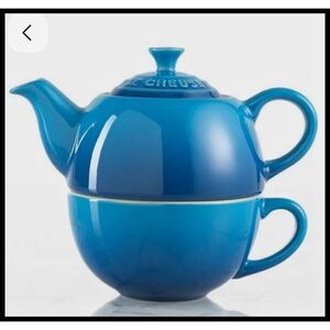 LE CREUSET 3 Piece Tea For One Teapot Cup Lid Set 10oz Stoneware Marseille Blue